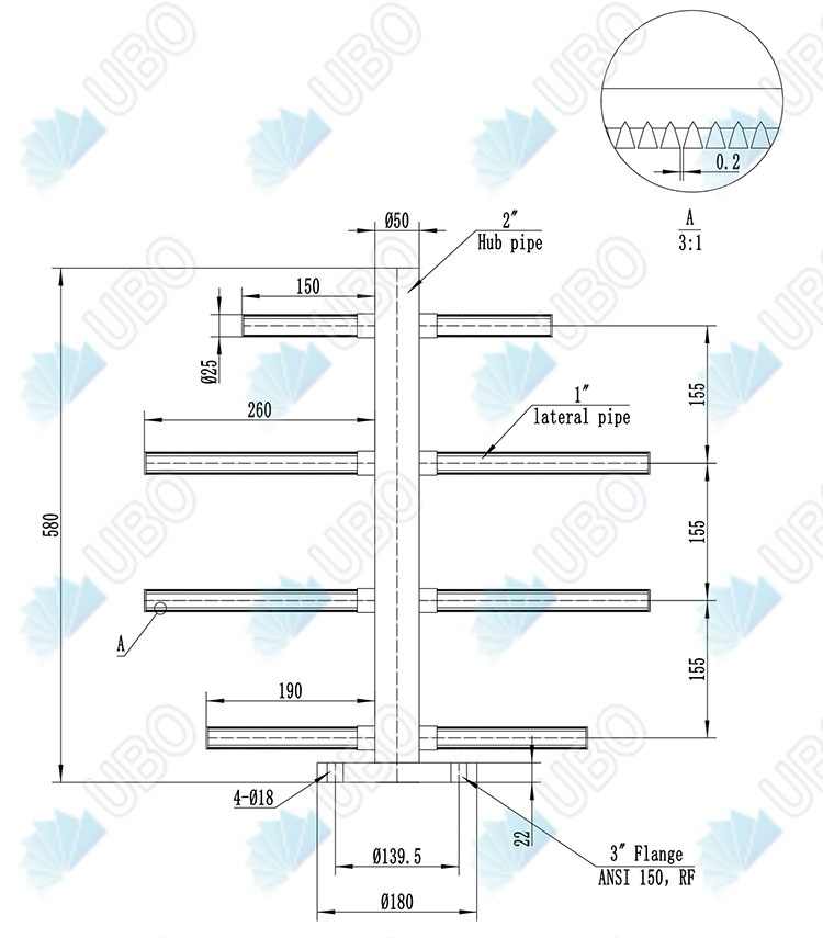 Lareg flow rating wedge wire water header laterals distributor