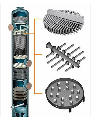 Liquid distributors are used to evenly disperse the liquid in the tower to specific parts of the packing material. 